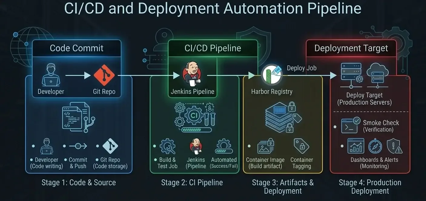 The general shape every deployment follows: commit, build, package, deploy, verify.