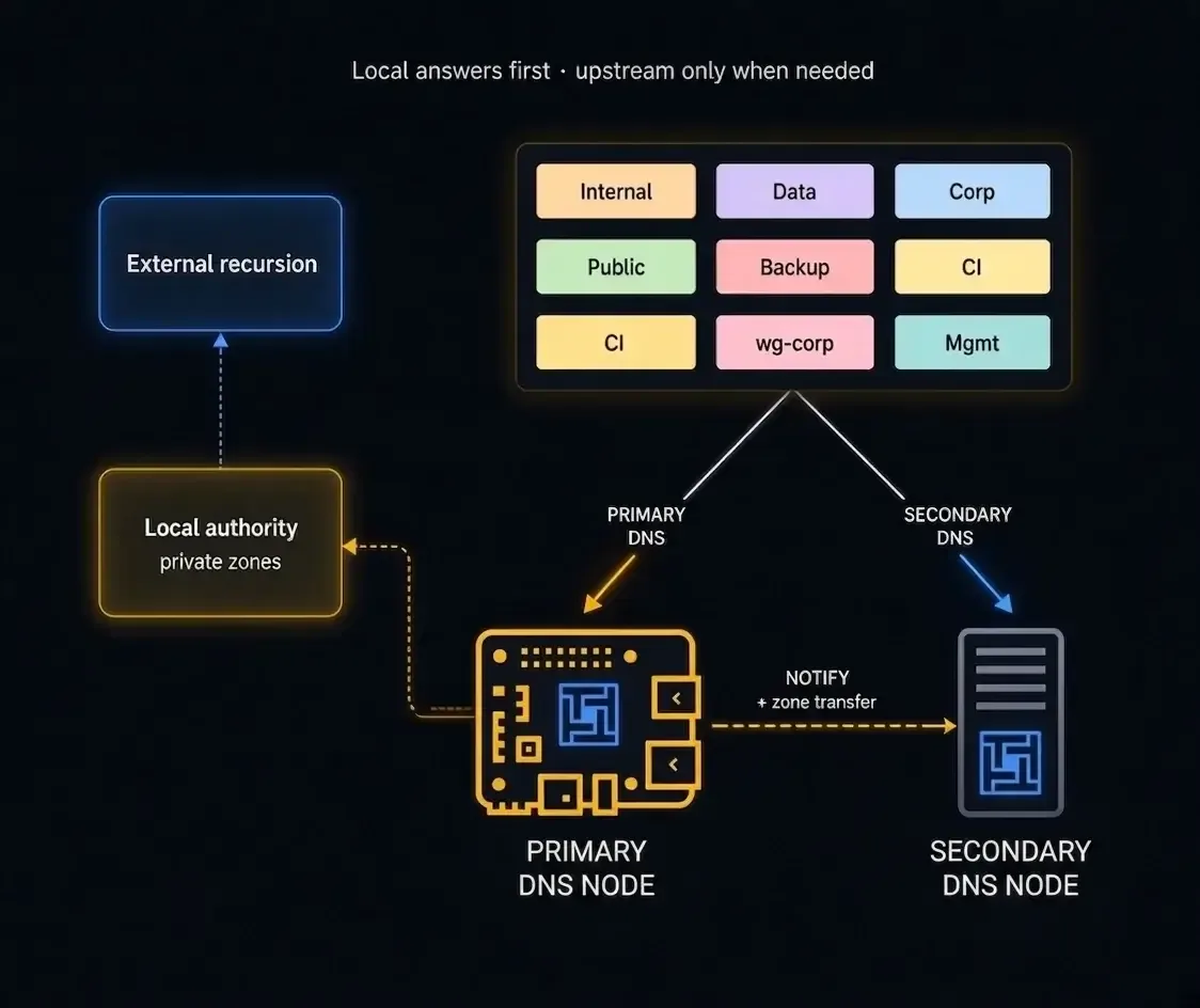 A query hitting the primary first, falling back to the secondary, and the split between local and recursed answers.