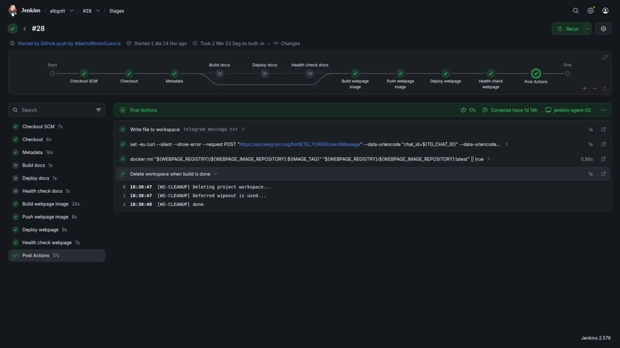 A pipeline run in Jenkins — build, image push, deploy, health check.