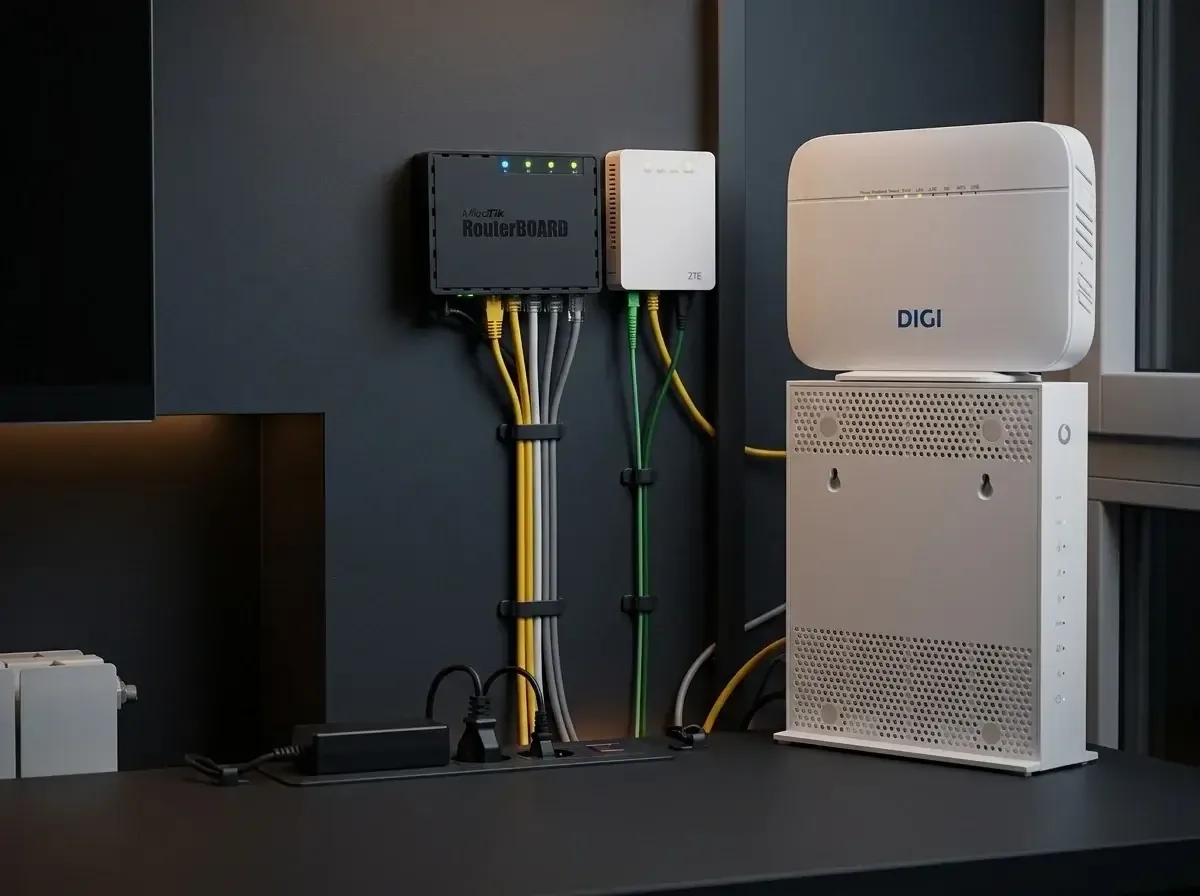 The router stack — ISP router, MikroTik, and the old Wi-Fi router, side by side.