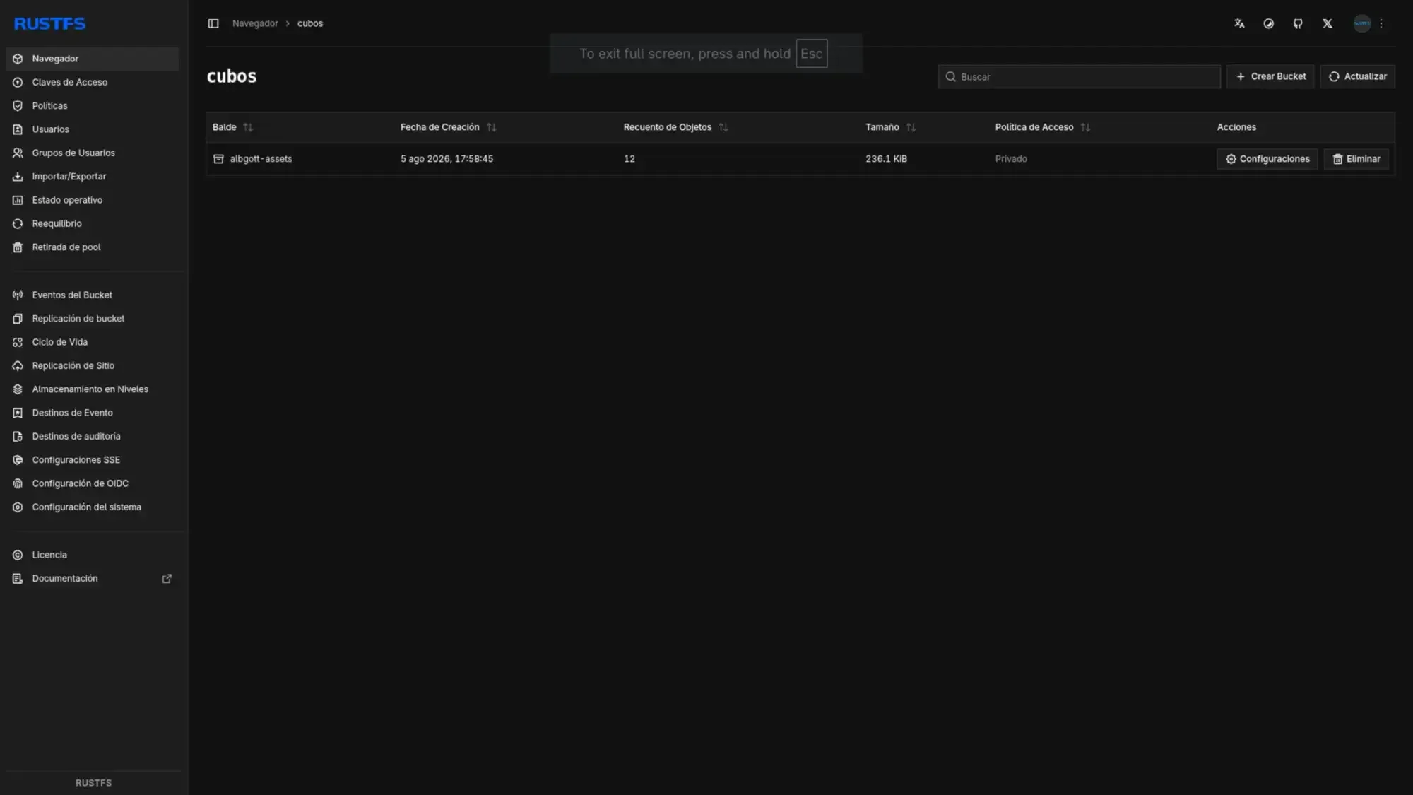 The RustFS console — the object store behind the data segment.