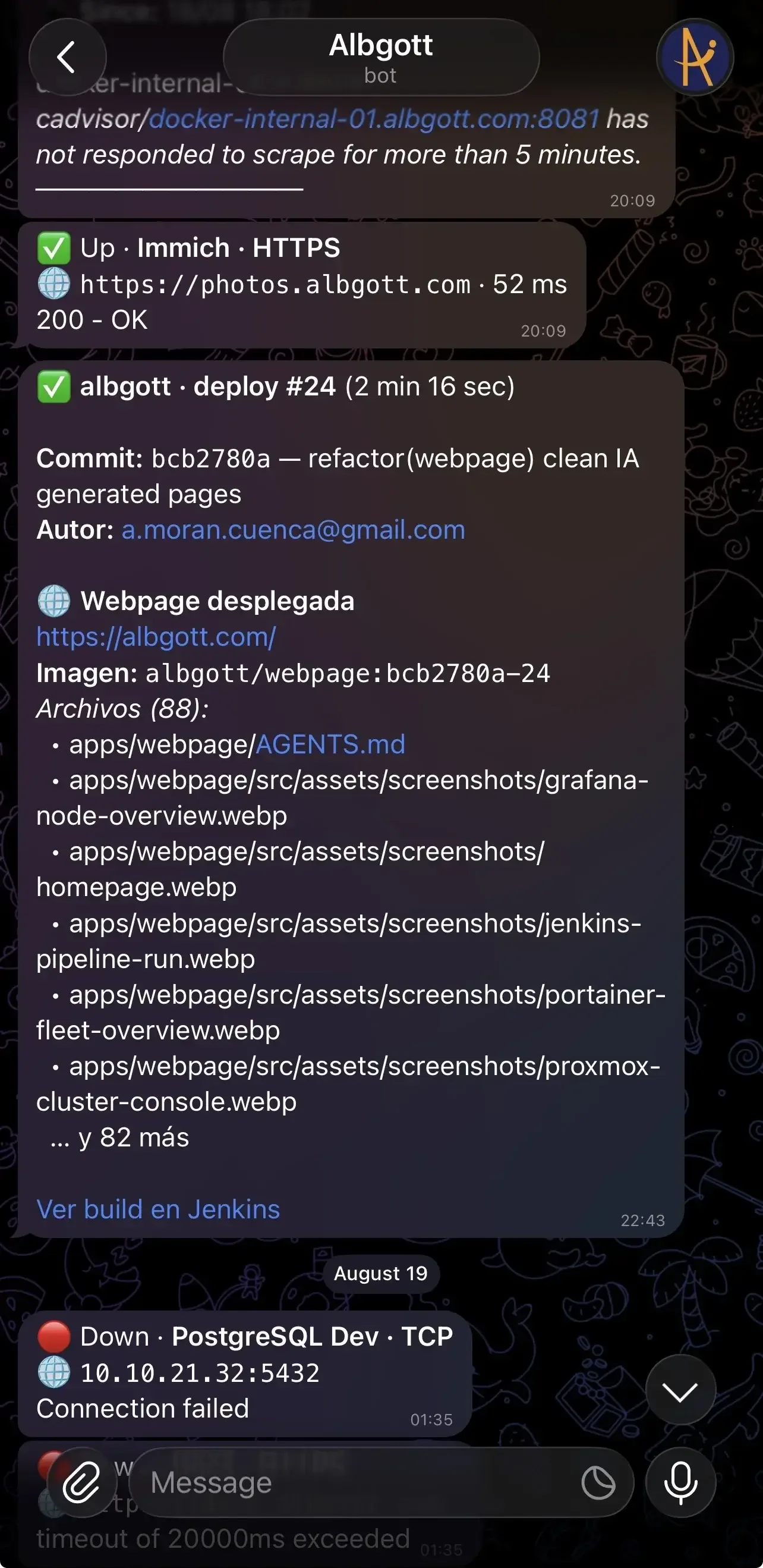 What an Alertmanager notification looks like landing on Telegram.